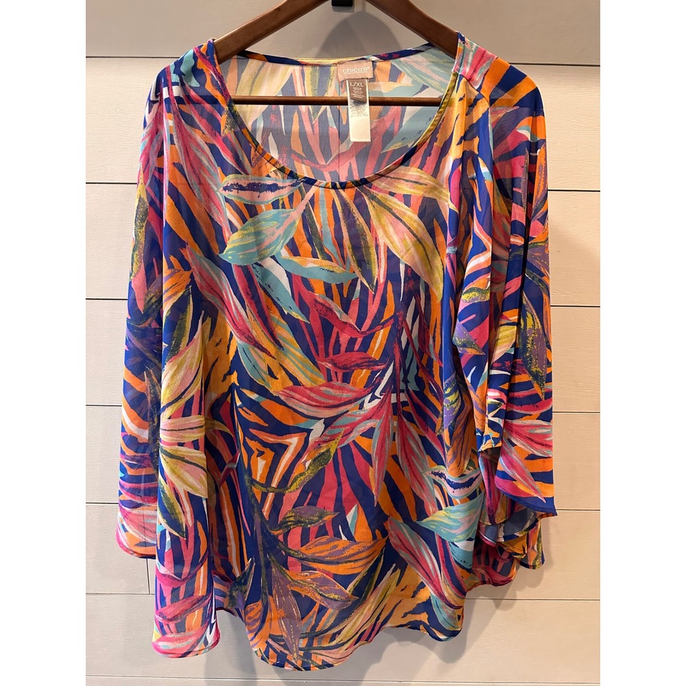 Chicos Tropical Palm Leaf Sheer Poncho Blouse Multi-Color L/XL Butterfly Sleeve